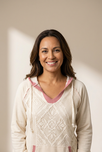 women's white crochet knit hoodie with contrast trim and exposed seams - stylish patchwork design for everyday wear made for easy styling and wardrobe