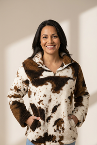 Women's Cow Print Zip Collar Fleece Sweatshirt