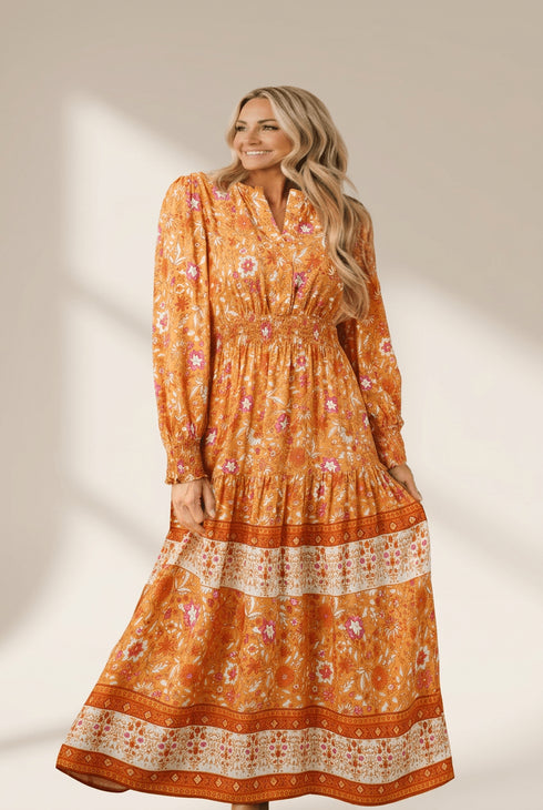 Women's Amber Floral Viscose Maxi Dress with Smocked Waist