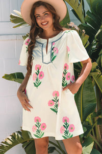 Women's Apricot Floral Embroidered Shift Dress with Striped Trim