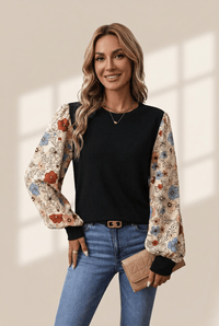 Women's Apricot Floral Puff Sleeve Mixed-Media Blouse