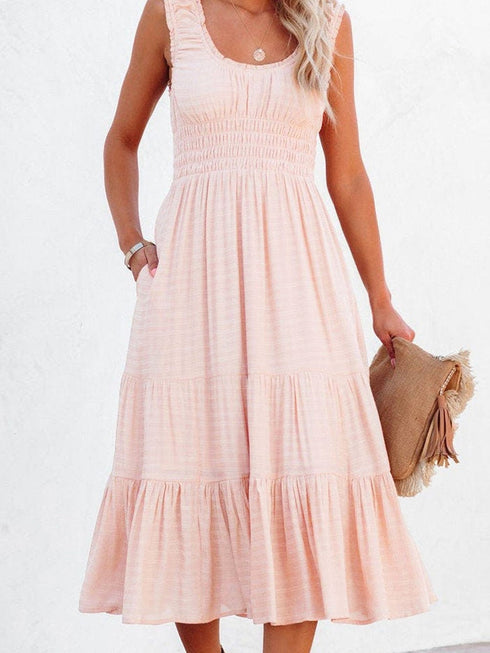 Apricot Flounce A-line Midi Dress with Smocked Waist