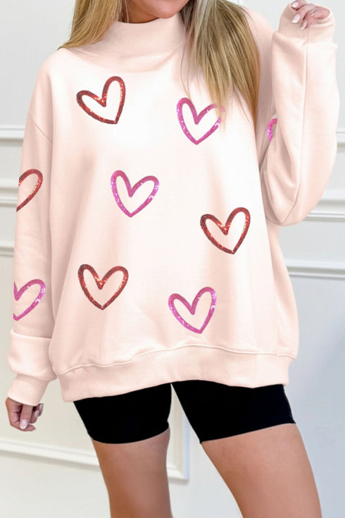 Women's Apricot Pink Sequin Heart Mock Neck Sweatshirt