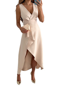 Apricot Ruffle Midi Dress with V Neckline Slit