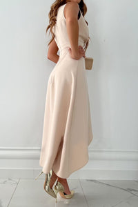 Apricot Ruffle Midi Dress with V Neckline Slit