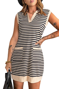 Apricot Stripe Contrast Trim V Neck Collared Sleeveless Shift Mini Dress
