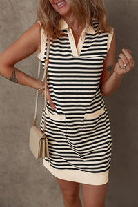 Apricot Stripe Contrast Trim V Neck Collared Sleeveless Shift Mini Dress