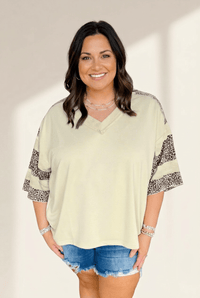 Women's Apricot V-Neck Leopard Patchwork Top with Raw Edge Seams