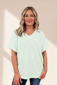 Women's Aqua Waffle Knit V-Neck Cuffed Sleeve Shift Top