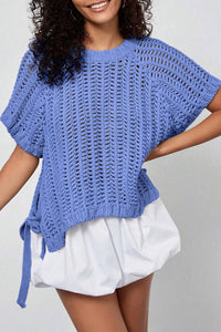 Women's Ashleigh Blue Open Knit Short Sleeve Sweater with Side Ties