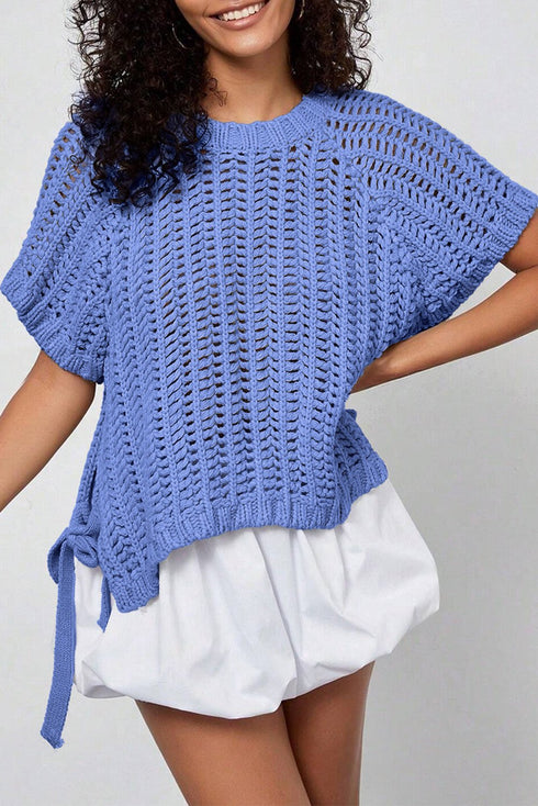 Women's Ashleigh Blue Open Knit Short Sleeve Sweater with Side Ties