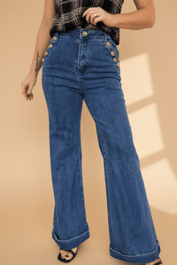 Ashleigh Blue Golden Button Detail Rolled Edge Flare Leg Jeans