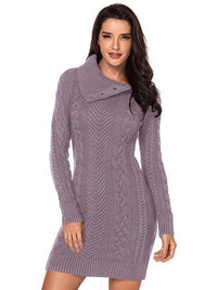 Asymmetric Button Cable Knit Long Sleeve Midi Sweater Dress