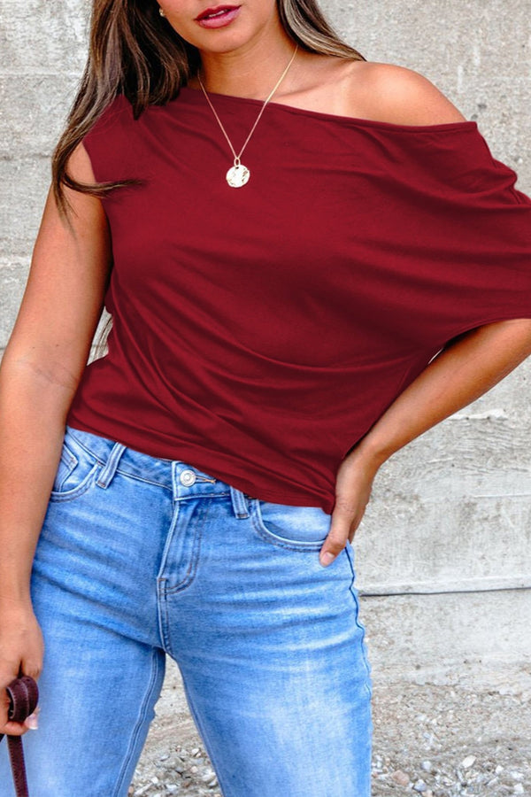 Women's Asymmetric Neck Ruched Blouse in Deep Burgundy