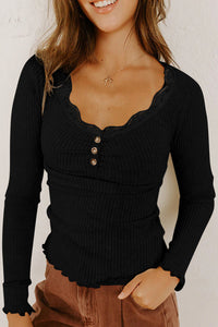 
Chic Women's Black Ribbed Long Sleeve Top with Lace Neckline, Button Accents, and Lettuce Hem for Effortless Style