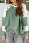 Women's Mint Green Ribbed Colorblock Long Sleeve Top - Trendy Casual Style with Relaxed Fit and Cozy Comfort