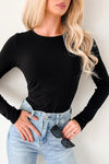 Chic Women's Black Ribbed Long Sleeve Bodysuit - Form-Fitting Crew Neck Top for Effortless Style and Versatile Looks