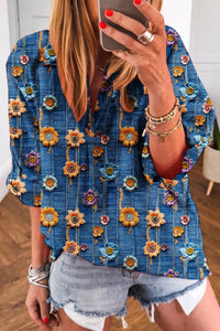 
Women's Relaxed Fit Blue Floral Print Blouse - Stylish Short Sleeve Summer Top for Casual Outings and Everyday Wear