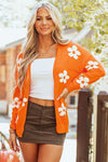 Women's Cozy Orange Floral Knit Cardigan - Relaxed Fit Open Front Layer for Chic Spring Style