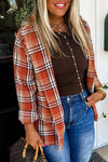Chic Women's Orange Plaid Shacket with Raw Edge and Open Front for Effortless Fall Layering and Casual Style