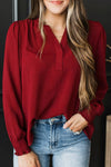 Chic Burgundy Long Sleeve Blouse for Women with Notched Neck and Shirred Cuffs - Elegant Style for Every Occasion