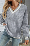 Cozy Women's Gray Cable Knit V-Neck Sweatshirt with Striped Drop Shoulders - Stylish Casual Wear Essential