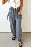Stylish Medium Grey Denim Joggers for Women with Drawstring, Elastic Waist, Pockets, and Trendy Knot Hem