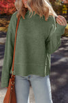 Cozy Mist Green Ribbed High Neck Sweater for Women - Waffle Knit, Drop Shoulder, Ideal for Casual Chic Looks