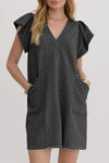 Chic Women's Black Striped V-Neck Flutter Sleeve Mini Dress - Textured Knit for Effortless Summer Style
