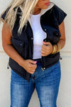 Women's Black Color Block Patchwork Zip-Up Winter Vest with Snap Buttons - Stylish & Warm Outerwear for Cold Weather