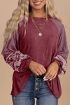 Burgundy Striped Long Sleeve Raglan Top for Women - Relaxed Fit with Trendy Contrast Print