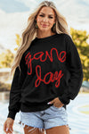 Stylish Women's Black Graphic Sweatshirt with Drop Shoulders for Game Day Comfort and Trendy Casual Wear