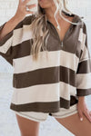 Chic Women's Oversized Brown Striped Color Block Sweatshirt with 3/4 Sleeves and Zip Collar – Cozy Patchwork Style Top