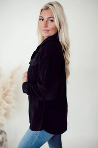 Black Solid Color Exposed Seam Patchwork Button Down Fleece Shacket