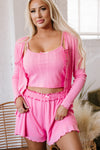 Cozy Women's 3-Piece Bonbon Lounge Set: Textured Cropped Cami, Soft Shorts & Relaxed Cardigan for Casual Chic