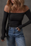 Chic Black Off-the-Shoulder Long Sleeve Tee for Women - Effortless Casual Style and Comfort in Any Wardrobe