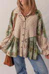 Women's Mist Green Boho Floral Plaid Shacket with Ruffled Sleeves & Distressed Details - Cozy Layering Top