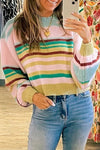 Cozy Women's Multicolor Striped Cropped Baggy Sweater with Ribbed Trim - Perfect Knit Top for Casual Chic Style