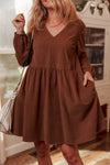 Women's Relaxed Fit Coffee Corduroy V-Neck Long Sleeve Dress - Stylish, Comfortable, Perfect for Everyday Wear