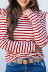 Stylish Women's Red Striped Long Sleeve Blouse with Ruffle Trim - Perfect Casual Top for Everyday Outings