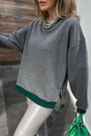Women's Medium Grey Baggy Sweatshirt with Contrast Trim, Round Neck, and Zip Side Slit for Effortless Comfort and Style