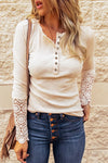 Chic Women's Beige Crochet Lace Hem Short Sleeve Button-Up Top for Effortless Casual Style