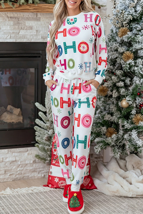Women's Festive Multicolor "Ho Ho Ho" Long Sleeve Lounge Set - Cozy Casual Outfit for Holiday Comfort and Style