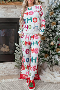 Women's Festive Multicolor "Ho Ho Ho" Long Sleeve Lounge Set - Cozy Casual Outfit for Holiday Comfort and Style
