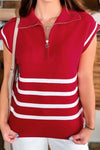 Women's Stylish Fiery Red Short Sleeve Quarter Zip Sweater with Striped Details - Comfortable Everyday Fashion