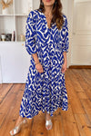Chic Women's Blue Geometric Maxi Dress - Flattering Western Style Perfect for Casual Outings and Special Occasions