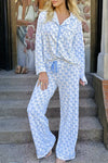 Soft Sky Blue Bow Print Long Sleeve Pajama Set for Women - Cozy Sleepwear Top and Bottom for Ultimate Comfort