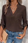 Chic Women's Brown Striped V-Neck Shirt with Roll-Up Sleeves and Pocket – Effortless Everyday Style and Comfort