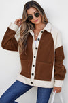 Cozy Women's Brown Color Block Fleece Shacket - Stylish Button Down Overshirt for Fall Fashion