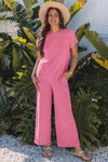 Women's Bright Pink Corded Knit Short Sleeve T-Shirt & Wide Leg Pants Set - Casual Chic Outfit for Summer